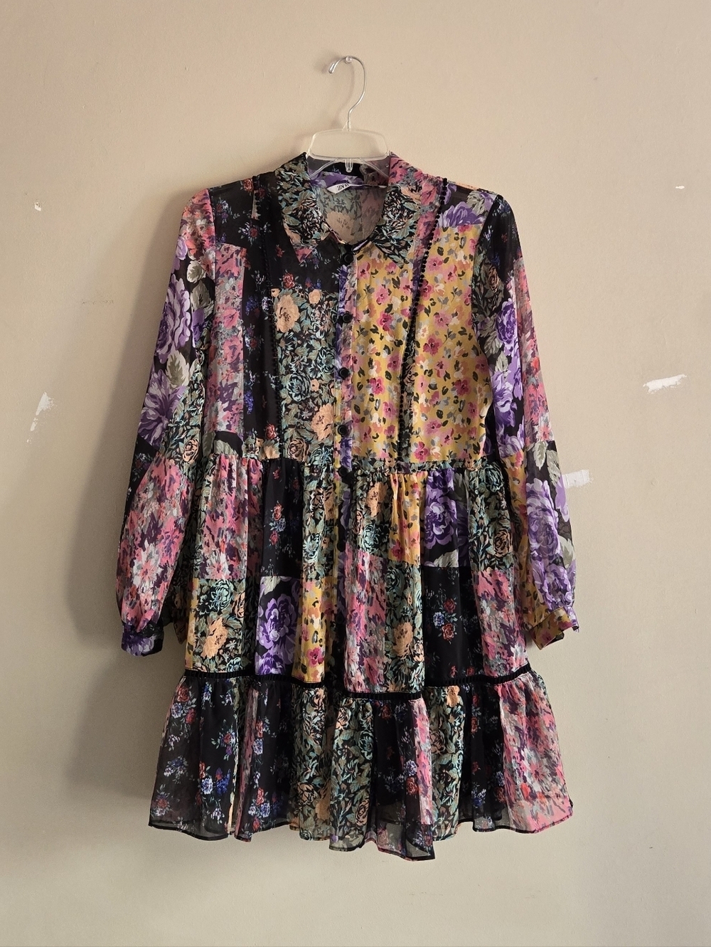 Zara Amelia Floral Patchwork Longsleeve Button Down Mini Dress Size Medium - Picture 2 of 15